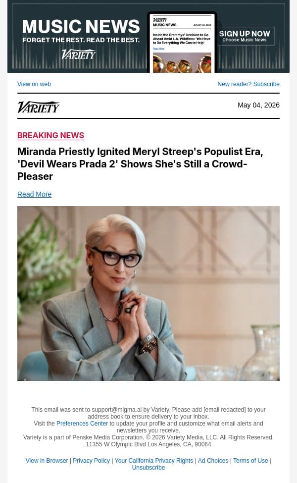 Miranda Priestly Ignited Meryl Streep's Populist Era, 'Devil Wears Prada 2' Shows She's Still a Crowd-Pleaser email from Variety screenshot