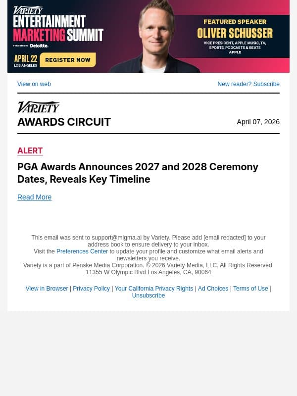 PGA Awards Announces 2027 and 2028 Ceremony Dates, Reveals Key Timeline email from Variety screenshot