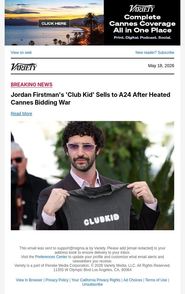 Jordan Firstman's 'Club Kid' Sells to A24 After Heated Cannes Bidding War email from Variety screenshot