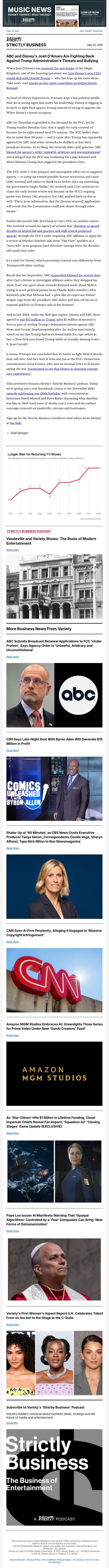 Strictly Business Newsletter & Podcast: ABC Fires Back at FCC; '60 Minutes' Shake-Up; Amazon MGM Embraces AI; CNN Sues Perplexity AI; and More email from Variety screenshot