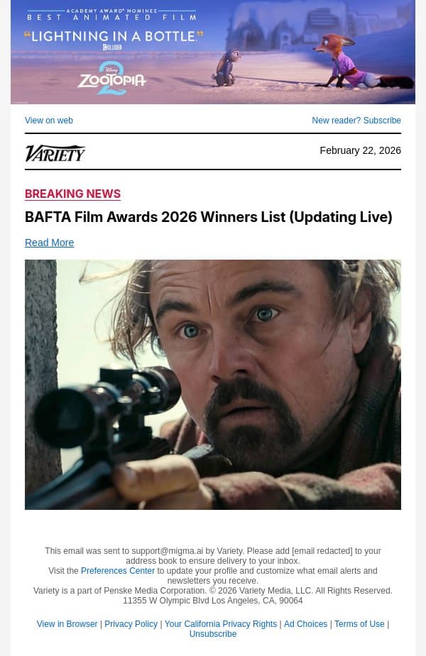 'One Battle After Another' Wins BAFTA for Best Film email from Variety screenshot