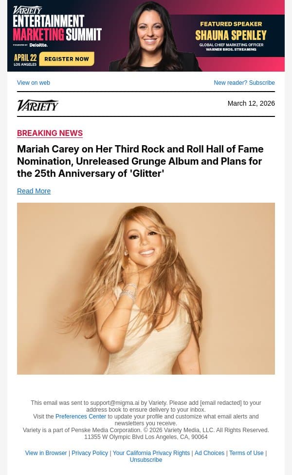 Mariah Carey on Her Third Rock and Roll Hall of Fame Nomination, Unreleased Grunge Album and Plans for the 25th Anniversary of 'Glitter' email from Variety screenshot