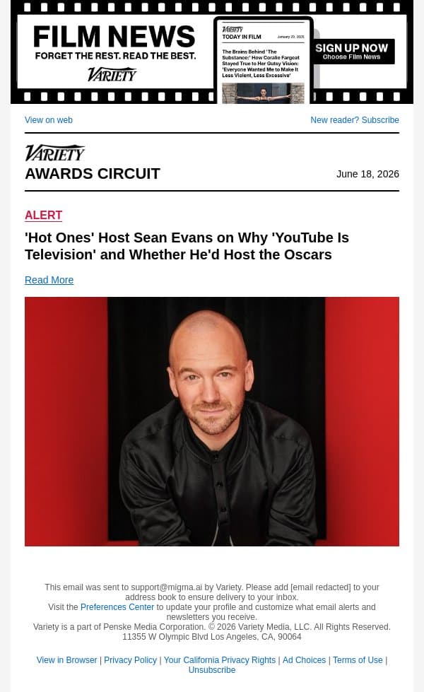 'Hot Ones' Host Sean Evans on Why 'YouTube Is Television' and Whether He'd Host the Oscars email from Variety screenshot