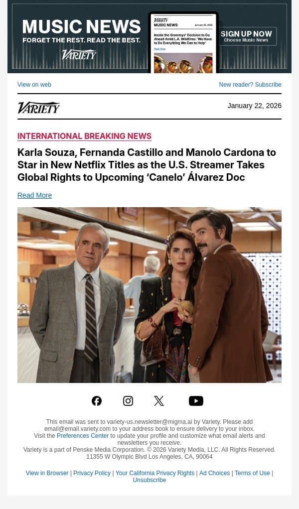 Karla Souza, Fernanda Castillo and Manolo Cardona to Star in New Netflix Titles as the U.S. Streamer Takes Global Rights to Upcoming ‘Canelo’ Álvarez Doc email from Variety screenshot