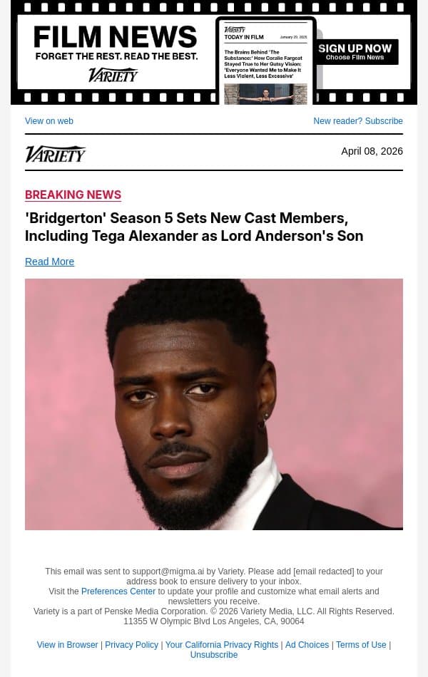 'Bridgerton' Season 5 Sets New Cast Members, Including Tega Alexander as Lord Anderson's Son email from Variety screenshot