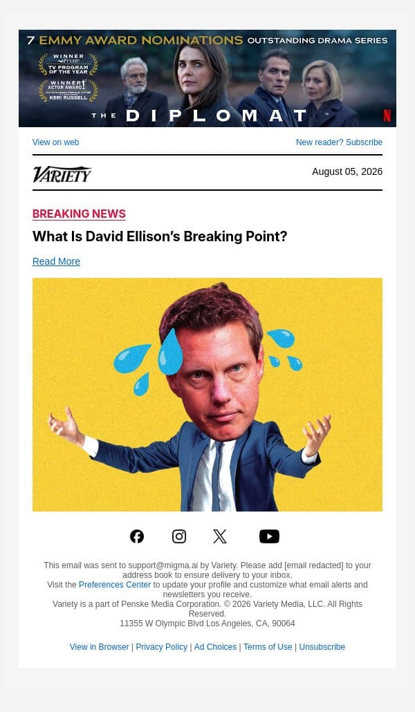 What Is David Ellison’s Breaking Point? email from Variety screenshot