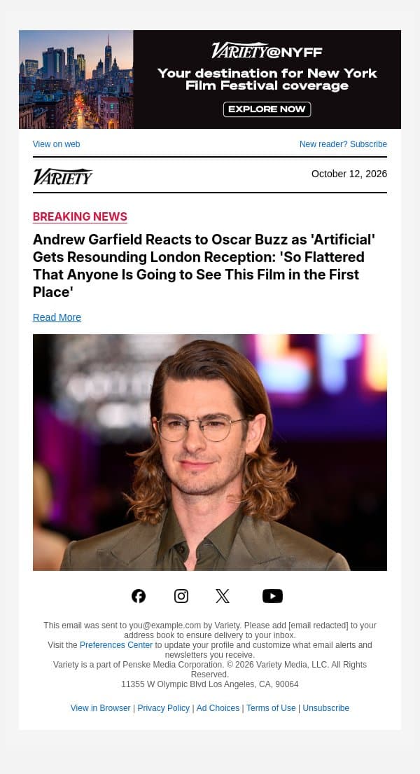 Andrew Garfield Reacts to Oscar Buzz as 'Artificial' Gets Resounding London Reception: 'So Flattered That Anyone Is Going to See This Film in the First Place' email from Variety screenshot