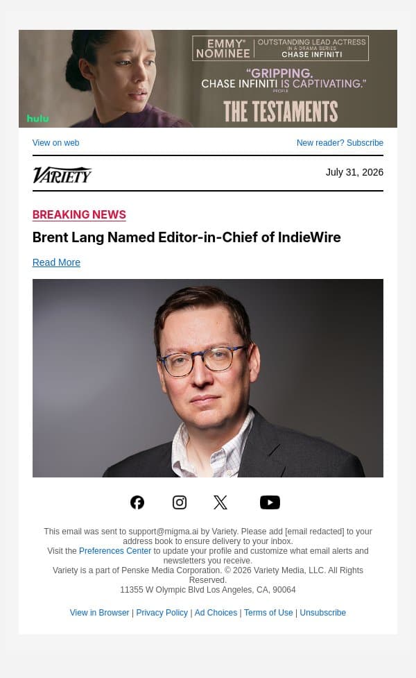 Brent Lang Named Editor-in-Chief of IndieWire email from Variety screenshot