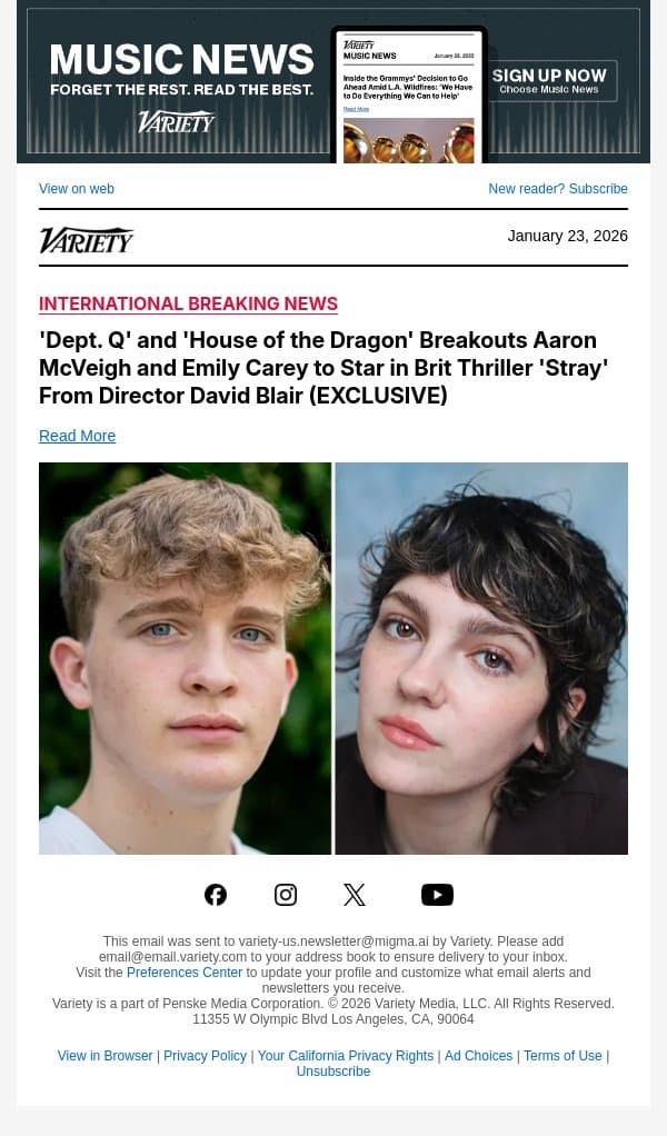 'Dept. Q' and 'House of the Dragon' Breakouts Aaron McVeigh and Emily Carey to Star in Brit Thriller 'Stray' From Director David Blair (EXCLUSIVE) email from Variety screenshot