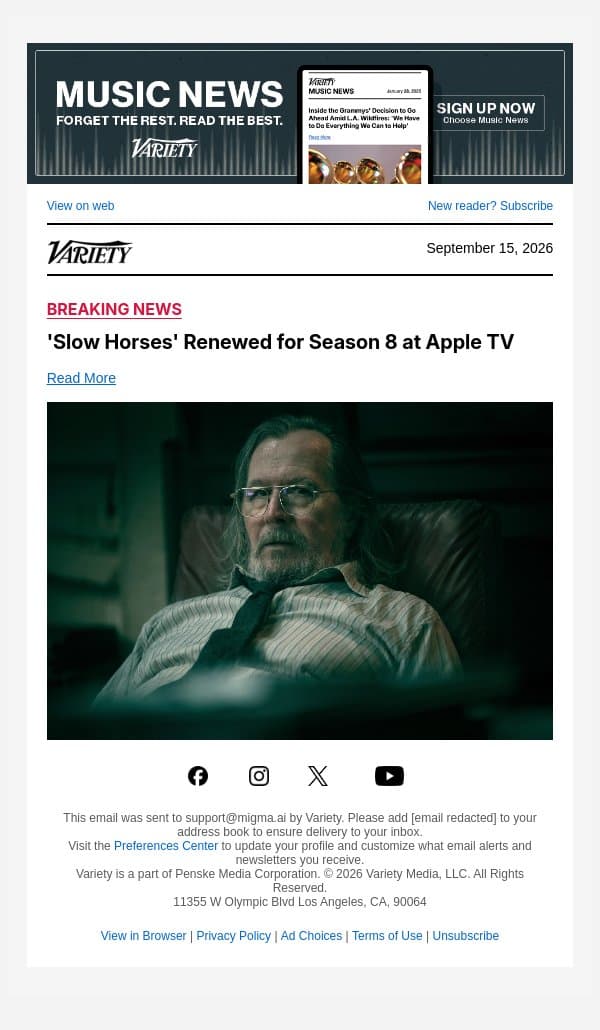 'Slow Horses' Renewed for Season 8 at Apple TV email from Variety screenshot