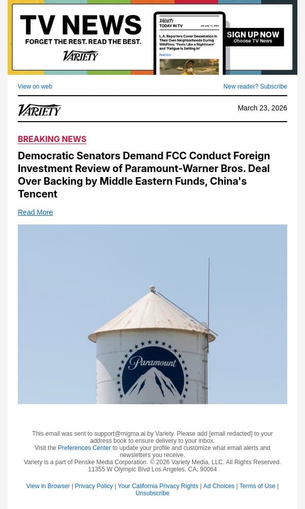 Democratic Senators Demand FCC Conduct Foreign Investment Review of Paramount-Warner Bros. Deal Over Backing by Middle Eastern Funds, China's Tencent email from Variety screenshot