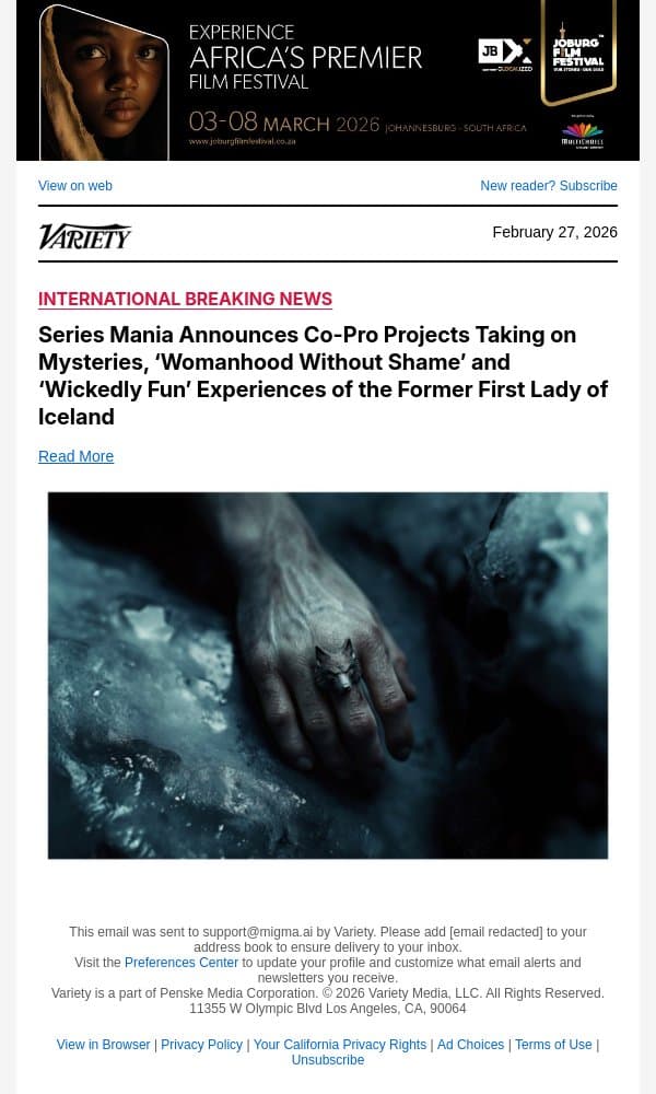 Series Mania Announces Co-Pro Projects Taking on Mysteries, ‘Womanhood Without Shame’ and ‘Wickedly Fun’ Experiences of the Former First Lady of Iceland email from Variety screenshot