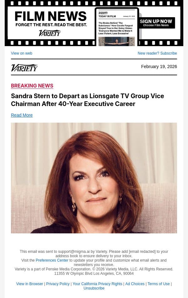 Sandra Stern to Depart as Lionsgate TV Group Vice Chairman After 40-Year Executive Career email from Variety screenshot