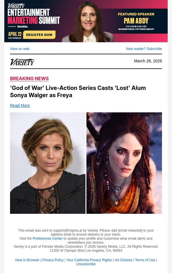 'God of War' Live-Action Series Casts 'Lost' Alum Sonya Walger as Freya email from Variety screenshot