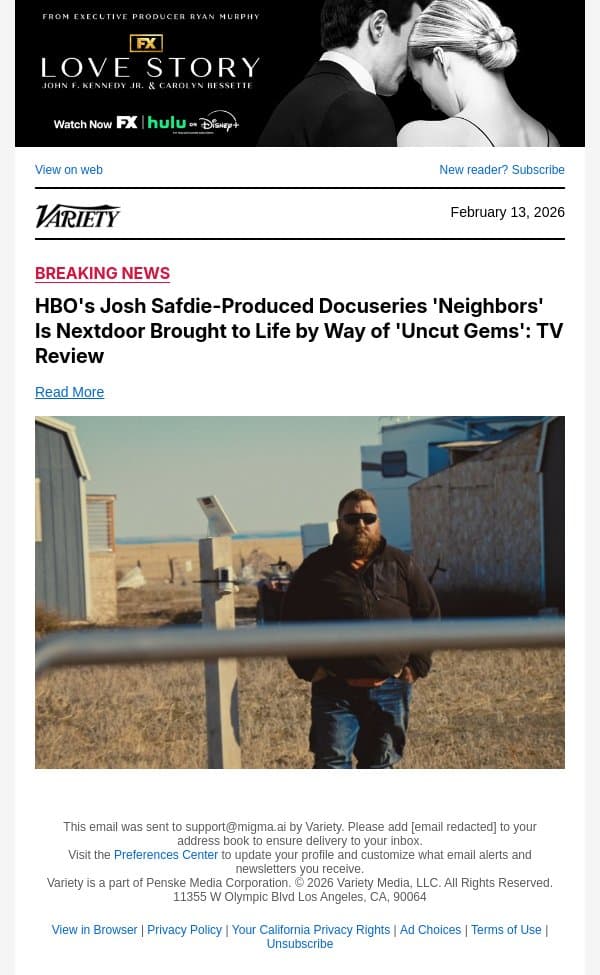 HBO's Josh Safdie-Produced Docuseries 'Neighbors' Is Nextdoor Brought to Life by Way of 'Uncut Gems': TV Review email from Variety screenshot