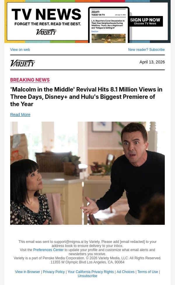 'Malcolm in the Middle' Revival Hits 8.1 Million Views in Three Days, Disney+ and Hulu's Biggest Premiere of the Year email from Variety screenshot