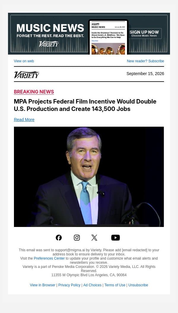 MPA Projects Federal Film Incentive Would Double U.S. Production and Create 143,500 Jobs email from Variety screenshot