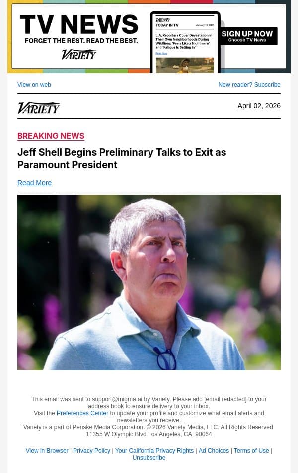 Jeff Shell Begins Preliminary Talks to Exit as Paramount President email from Variety screenshot