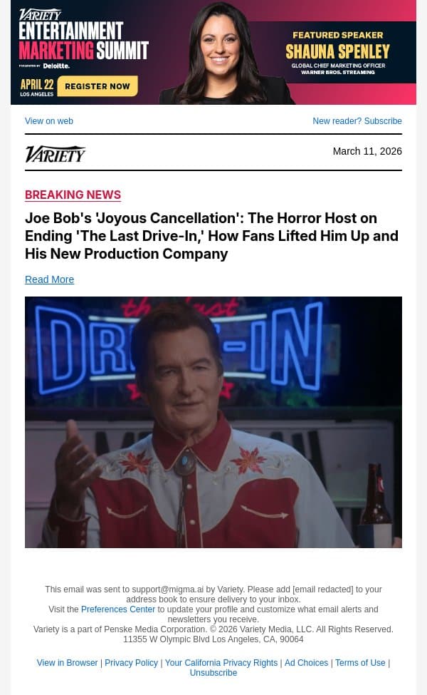 Joe Bob's 'Joyous Cancellation': The Horror Host on Ending 'The Last Drive-In,' How Fans Lifted Him Up and His New Production Company email from Variety screenshot