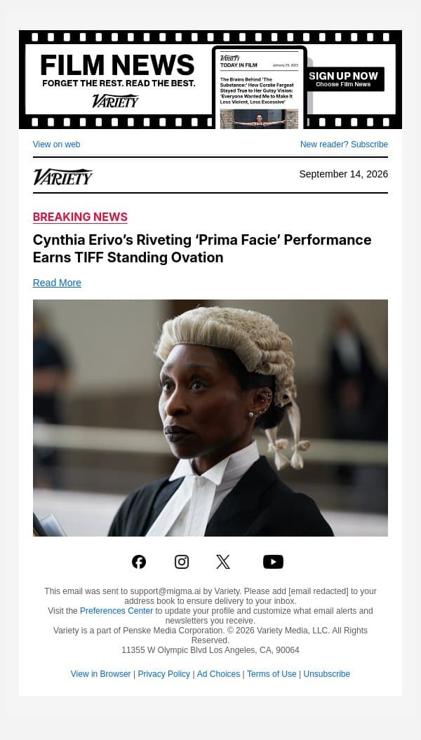 Cynthia Erivo’s Riveting ‘Prima Facie’ Performance Earns TIFF Standing Ovation email from Variety screenshot