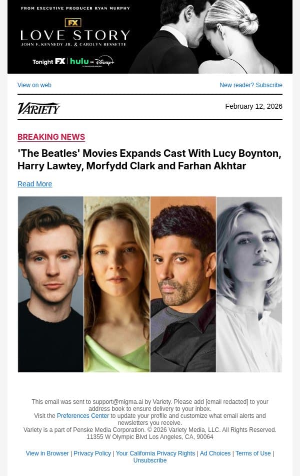 'The Beatles' Movies Expands Cast With Lucy Boynton, Harry Lawtey, Morfydd Clark and Farhan Akhtar email from Variety screenshot
