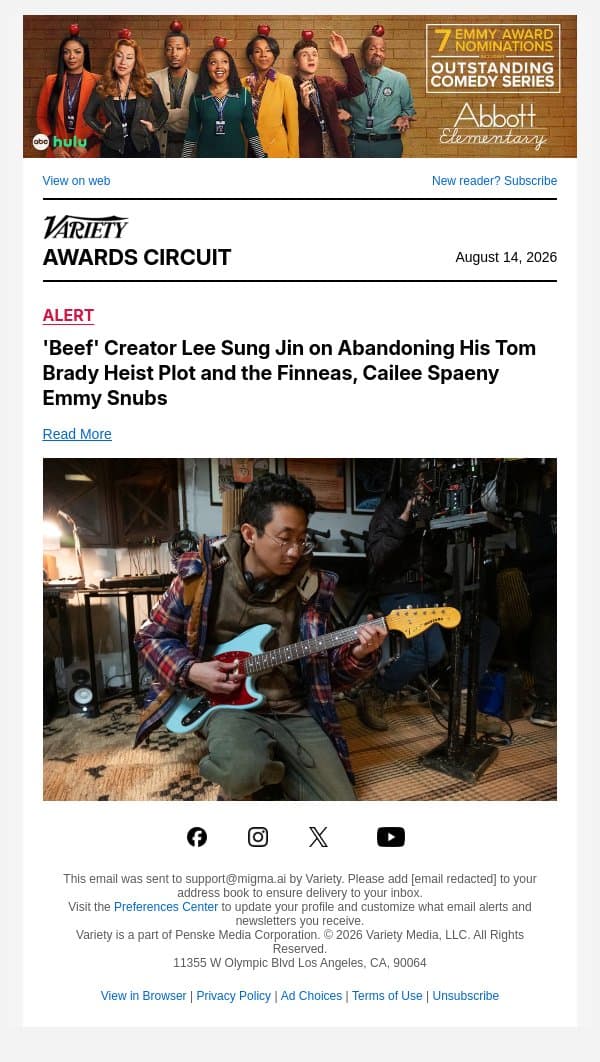 'Beef' Creator Lee Sung Jin on Abandoning His Tom Brady Heist Plot and the Finneas, Cailee Spaeny Emmy Snubs email from Variety screenshot