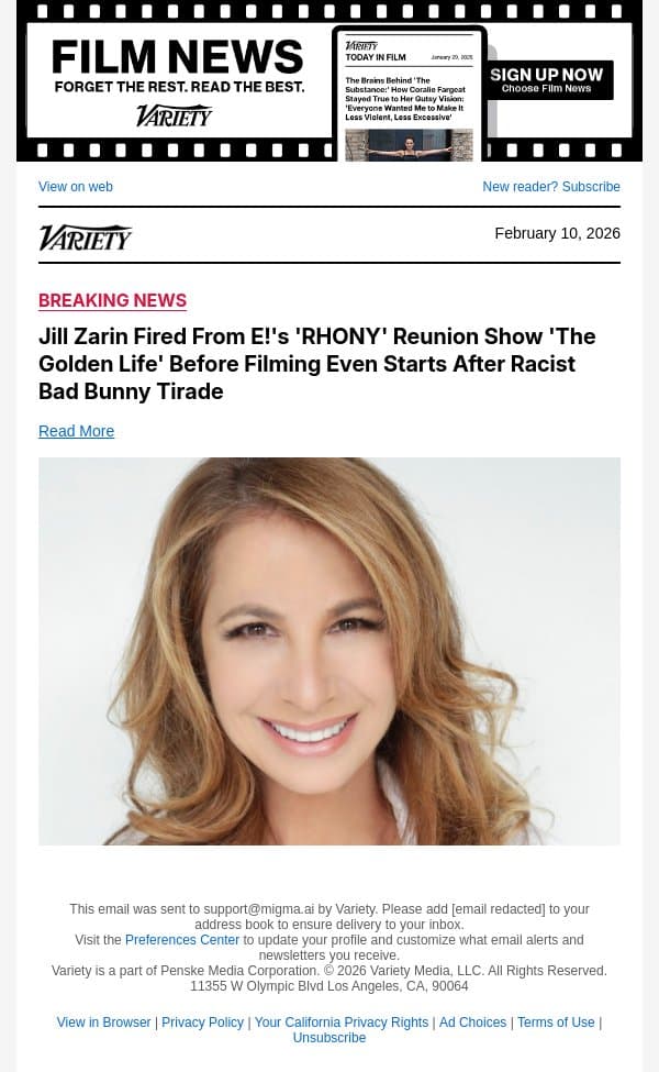 Jill Zarin Fired From E!'s 'RHONY' Reunion Show 'The Golden Life' Before Filming Even Starts After Racist Bad Bunny Tirade email from Variety screenshot