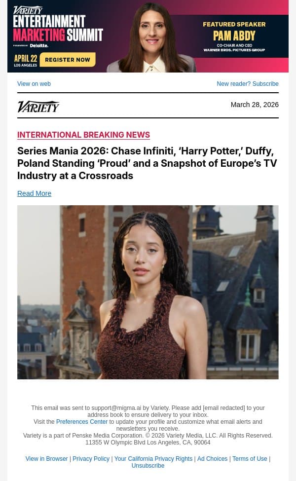 Series Mania 2026: Chase Infiniti, ‘Harry Potter,’ Duffy, Poland Standing ‘Proud’ and a Snapshot of Europe’s TV Industry at a Crossroads email from Variety screenshot