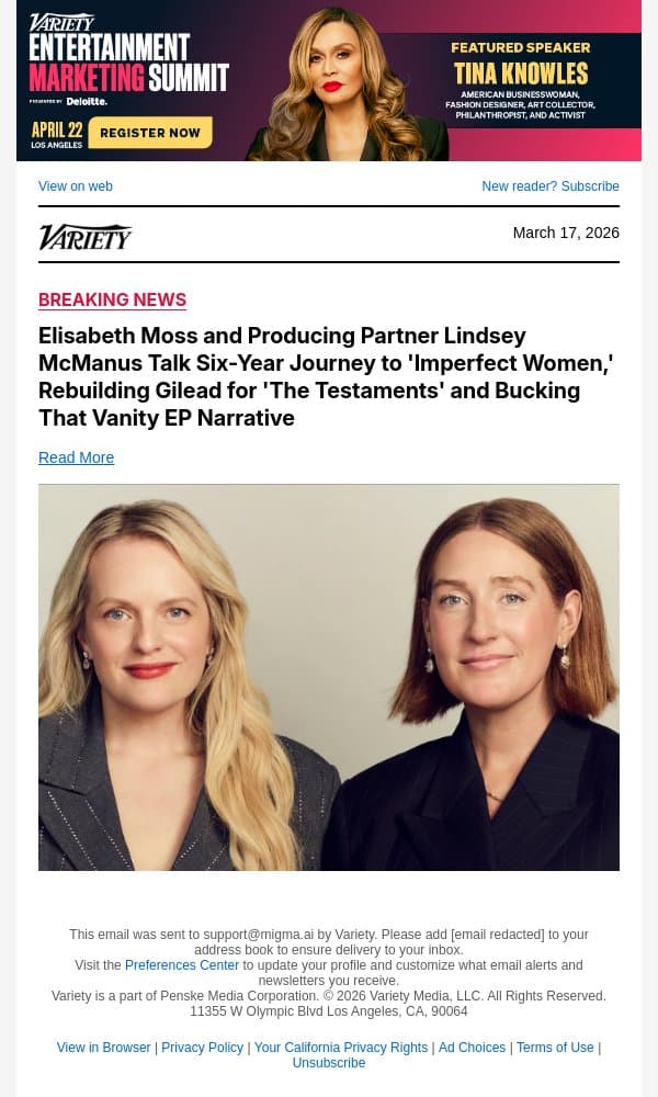 Elisabeth Moss and Producing Partner Lindsey McManus Talk Six-Year Journey to 'Imperfect Women,' Rebuilding Gilead for 'The Testaments' and Bucking That Vanity EP Narrative email from Variety screenshot