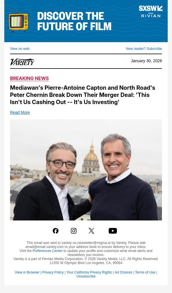 Mediawan's Pierre-Antoine Capton and North Road's Peter Chernin Break Down Their Merger Deal: 'This Isn't Us Cashing Out -- It's Us Investing' email from Variety screenshot