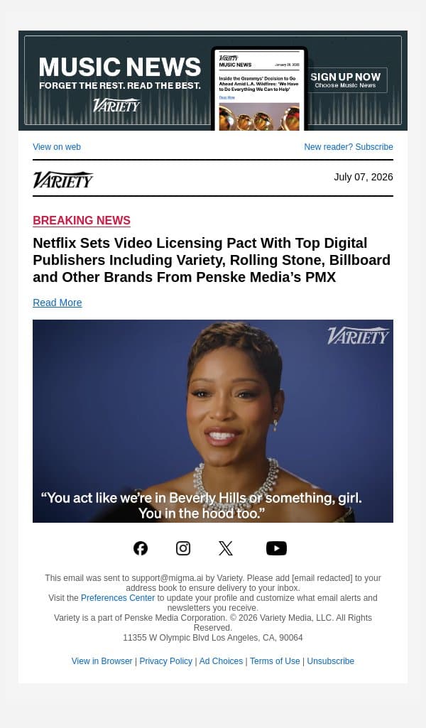 Netflix Sets Video Licensing Pact With Top Digital Publishers Including Variety, Rolling Stone, Billboard and Other Brands From Penske Media’s PMX email from Variety screenshot