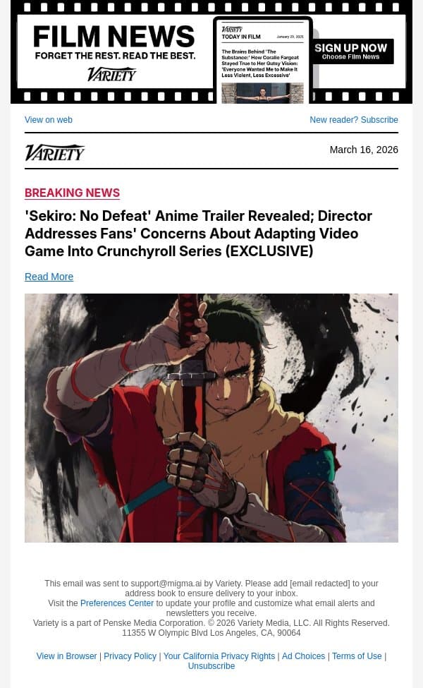 'Sekiro: No Defeat' Anime Trailer Revealed; Director Addresses Fans' Concerns About Adapting Video Game Into Crunchyroll Series (EXCLUSIVE) email from Variety screenshot