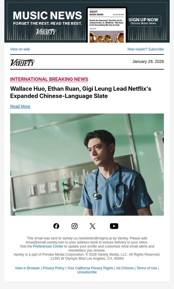 Wallace Huo, Ethan Ruan, Gigi Leung Lead Netflix's Expanded Chinese-Language Slate email from Variety screenshot