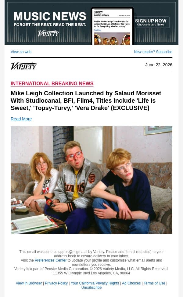 Mike Leigh Collection Launched by Salaud Morisset With Studiocanal, BFI, Film4, Titles Include 'Life Is Sweet,' 'Topsy-Turvy,' 'Vera Drake' (EXCLUSIVE) email from Variety screenshot