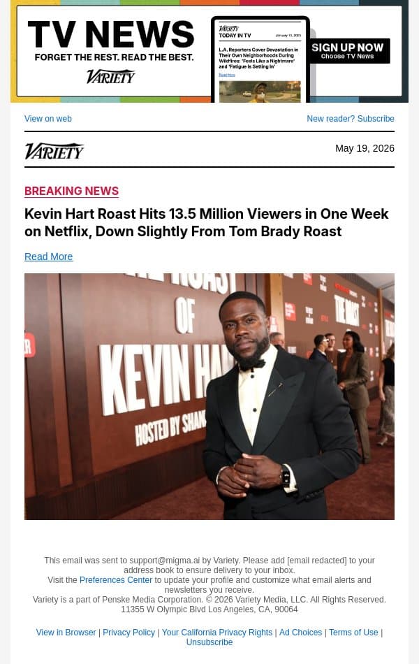 Kevin Hart Roast Hits 13.5 Million Viewers in One Week on Netflix, Down Slightly From Tom Brady Roast email from Variety screenshot