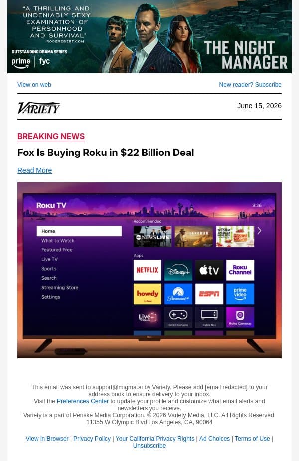 Fox Is Buying Roku in $22 Billion Deal email from Variety screenshot