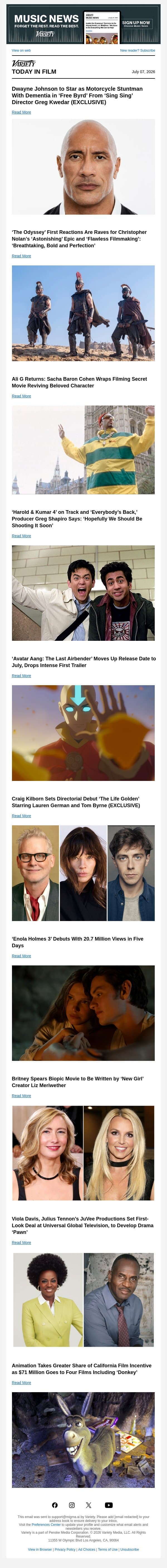 Dwayne Johnson to Star in ‘Free Byrd’ From ‘Sing Sing’ Director; ‘The Odyssey’ First Reactions; Ali G Returns email from Variety screenshot