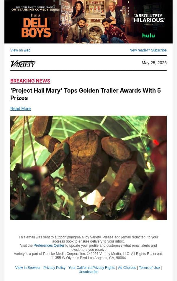 'Project Hail Mary' Tops Golden Trailer Awards With 5 Prizes email from Variety screenshot
