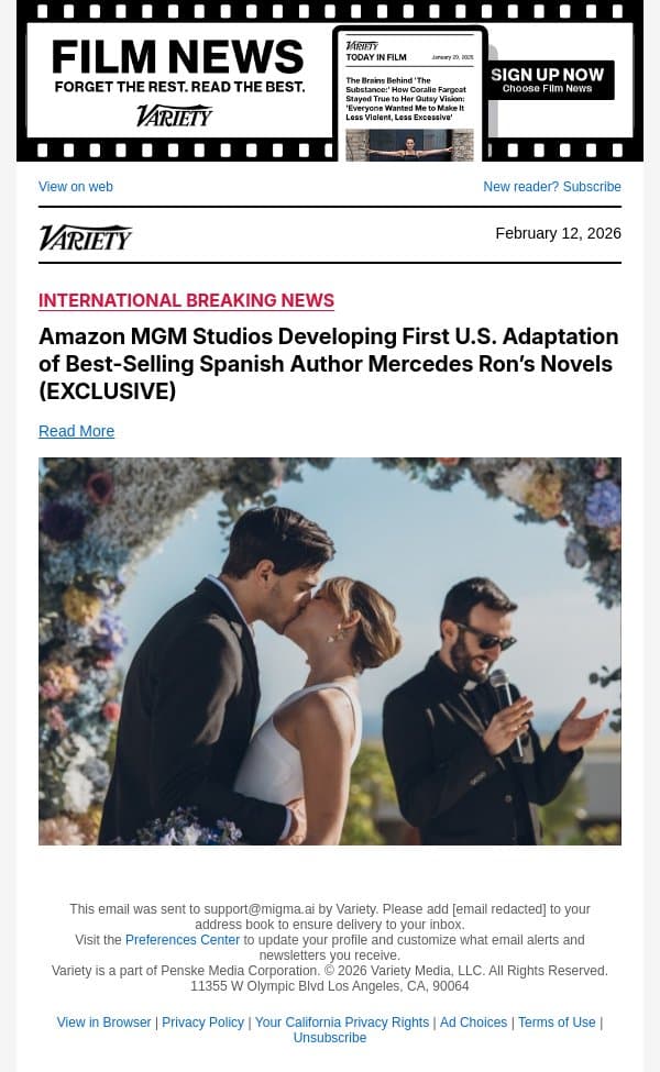 Amazon MGM Studios Developing First U.S. Adaptation of Best-Selling Spanish Author Mercedes Ron’s Novels (EXCLUSIVE) email from Variety screenshot