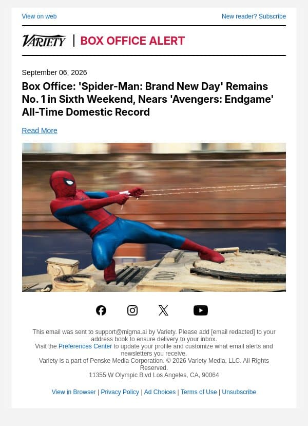 Box Office: 'Spider-Man: Brand New Day' Remains No. 1 in Sixth Weekend, Nears 'Avengers: Endgame' All-Time Domestic Record email from Variety screenshot