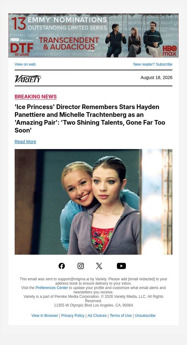 'Ice Princess' Director Remembers Stars Hayden Panettiere and Michelle Trachtenberg as an 'Amazing Pair': 'Two Shining Talents, Gone Far Too Soon' email from Variety screenshot