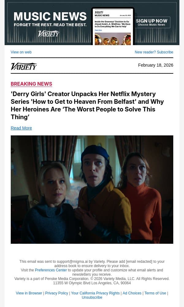 'Derry Girls' Creator Unpacks Her Netflix Mystery Series 'How to Get to Heaven From Belfast' and Why Her Heroines Are ‘The Worst People to Solve This Thing’ email from Variety screenshot
