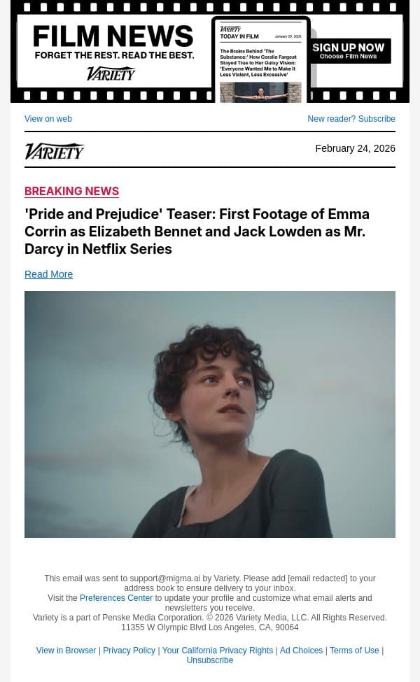 'Pride and Prejudice' Teaser: First Footage of Emma Corrin as Elizabeth Bennet and Jack Lowden as Mr. Darcy in Netflix Series email from Variety screenshot