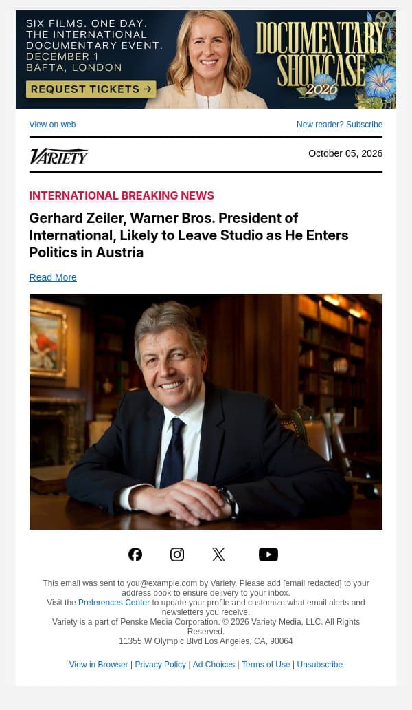 Gerhard Zeiler, Warner Bros. President of International, Likely to Leave Studio as He Enters Politics in Austria email from Variety screenshot