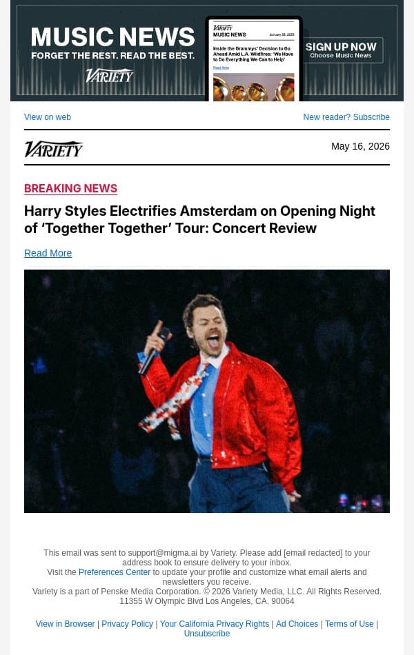 Harry Styles Electrifies Amsterdam on Opening Night of ‘Together Together’ Tour: Concert Review email from Variety screenshot
