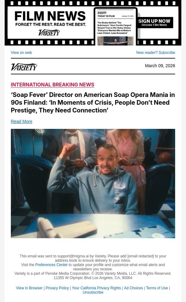 ‘Soap Fever’ Director on American Soap Opera Mania in 90s Finland: ‘In Moments of Crisis, People Don’t Need Prestige, They Need Connection’ email from Variety screenshot