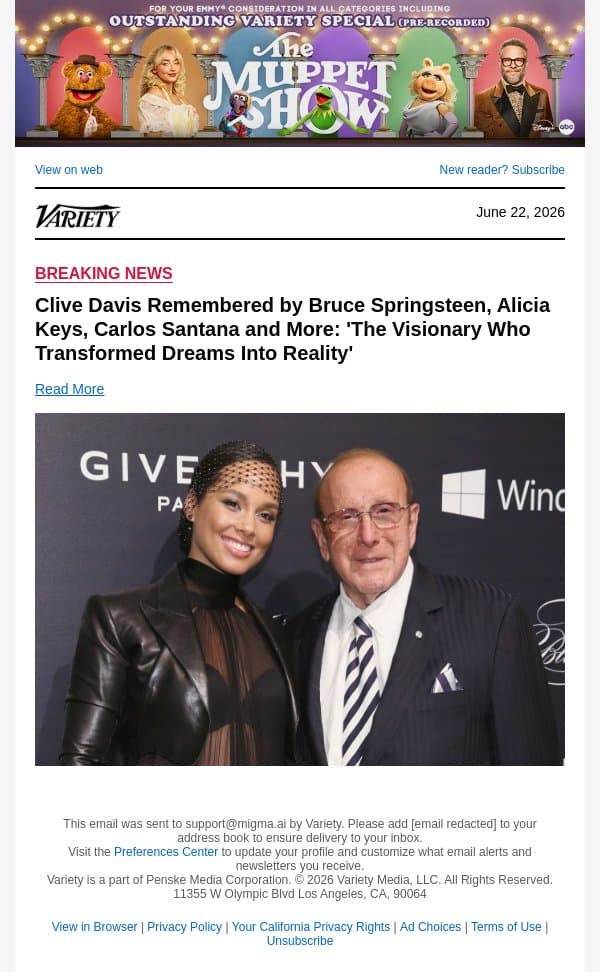 Clive Davis Remembered by Bruce Springsteen, Alicia Keys, Carlos Santana and More: 'The Visionary Who Transformed Dreams Into Reality' email from Variety screenshot