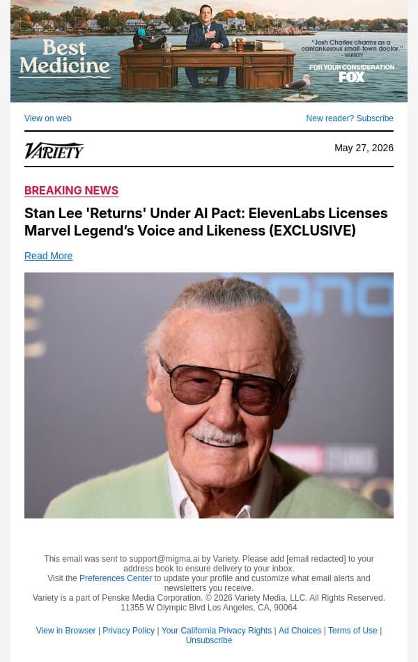 Stan Lee 'Returns' Under AI Pact: ElevenLabs Licenses Marvel Legend’s Voice and Likeness (EXCLUSIVE) email from Variety screenshot