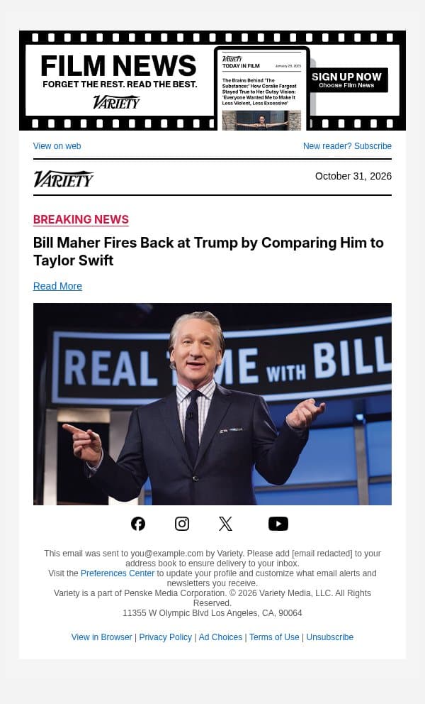 Bill Maher Fires Back at Trump by Comparing Him to Taylor Swift email from Variety screenshot