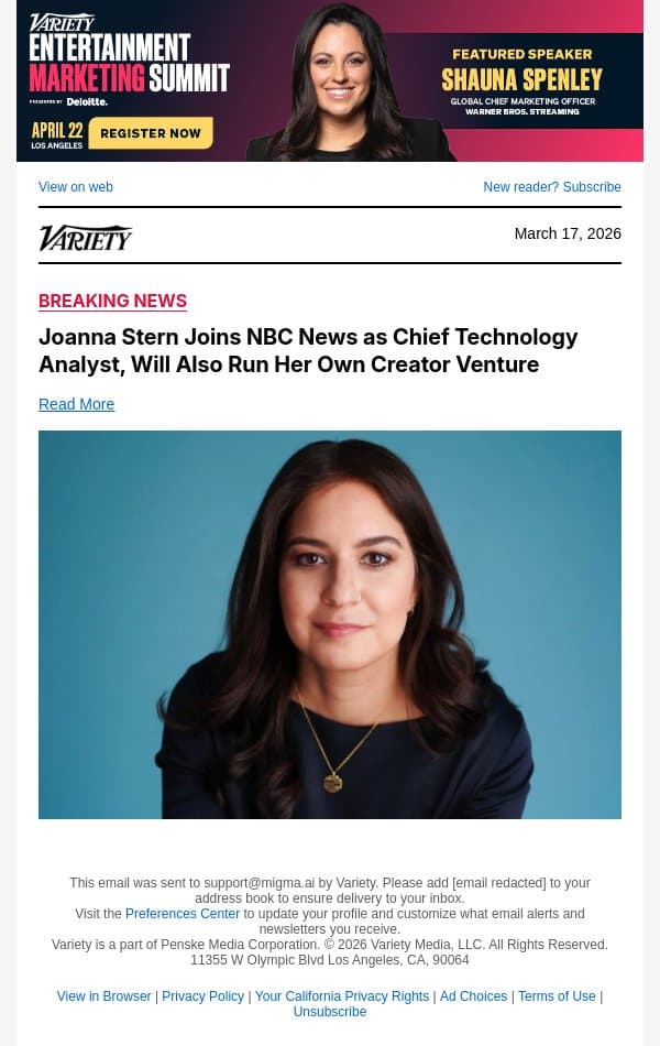 Joanna Stern Joins NBC News as Chief Technology Analyst, Will Also Run Her Own Creator Venture email from Variety screenshot